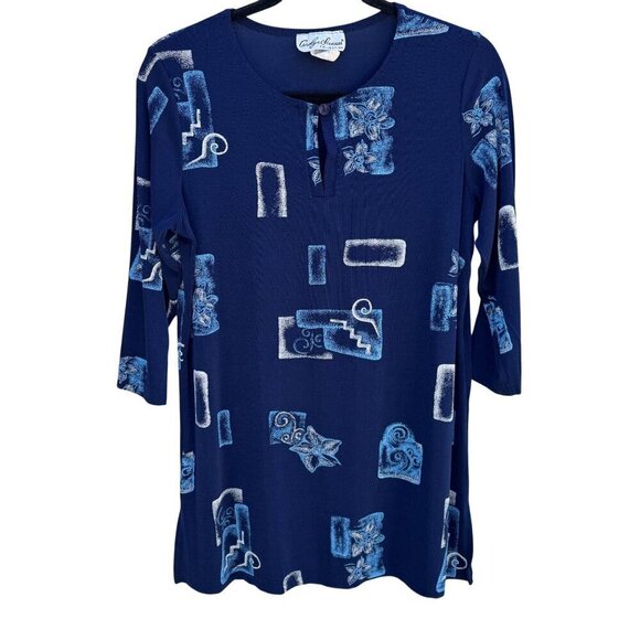 Carolyn Strauss Collection Womens Blue Patterned 3/4 Sleeve Stretch Tunic Top M - Picture 1 of 7